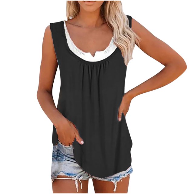 Pompotops Women's Blouse New Casual Loose Color Splicing Classic Vest Tops
