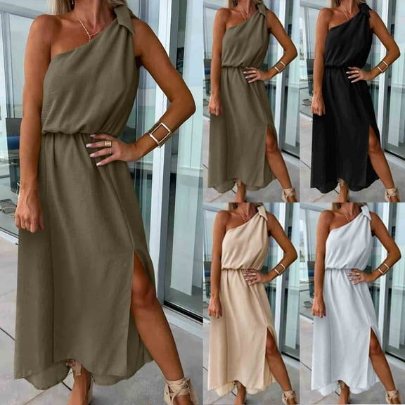 TAGOLD Womens Camis Sleeveless Dress Solid Color Split Elastic Waist Off Shoulder Summer