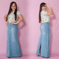 thumbnail image 6 of Women Denim Maxi Skirt Washed Jean Casual Denim Long A-Line Retro Button Skirts, 6 of 7