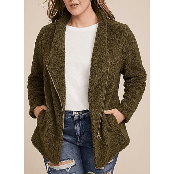 Women's Oversized Sherpa Fleece Jacket Long Sleeve Full Zip Soft Warm Stand Collar Fuzzy Outerwear Cozy Winter Coat with Patch Pockets for Cold Weather Daily and Outdoor Use