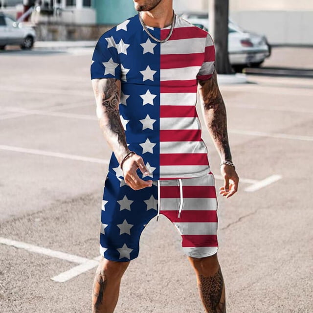 cllios Tenues pour Hommes 4 Juillet 2 Pcs T-Shirts Graphiques Patriotiques Rouge Blanc et Bleu Col Rond Athlétique et Shorts à Cordon de Serrage Ensembles de Survêtements