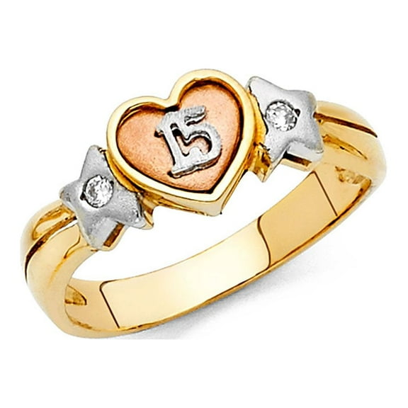 14k Yellow White Rose Gold CZ Heart 15 Ring Quinceanera Band CZ Star Satin Polished Fancy Size 7