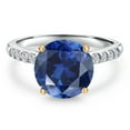 thumbnail image 3 of Gem Stone King 925 Silver and 10K Yellow Gold Blue Created Sapphire and Lab Grown Diamond Engagement Ring for Women | 3.86 Cttw | Round 10MM | Gemstone September Birthstone | Size 8, 3 of 6