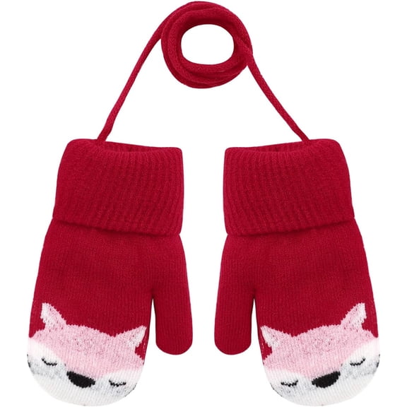 Baby Cartoon Fox Winter Gloves Hanging Neck Knit Warm Mitten with Rope, Kids Full Finger Gloves Xmas Gifts for 0-3 Years