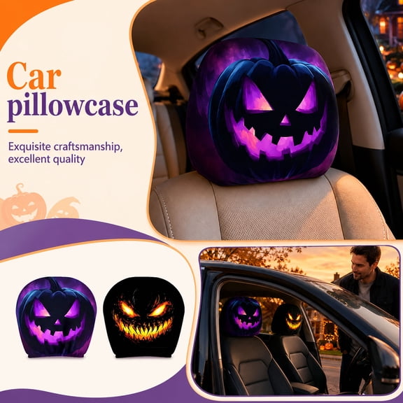 Halloween Car Decorations, Car Seat Headrest, Spooky Car Accessories, Halloween Pumpkin Decor, 2 Pack 11X11 in Fiery Demon Jack O Lantern Printed Universal Fit Headrest Covers,