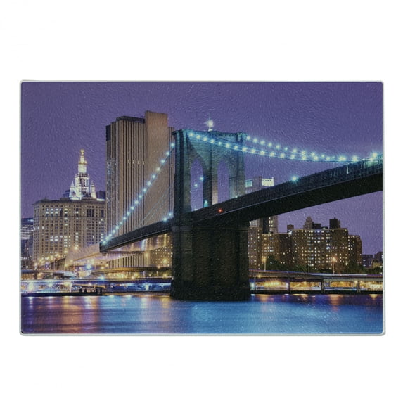 NYC Scene Cutting Board, Pattern of Bridge Spans the East River Towards Manhattan Violet Sky, Decorative Tempered Glass Cutting and Serving Board, in 3 Sizes, by Ambesonne