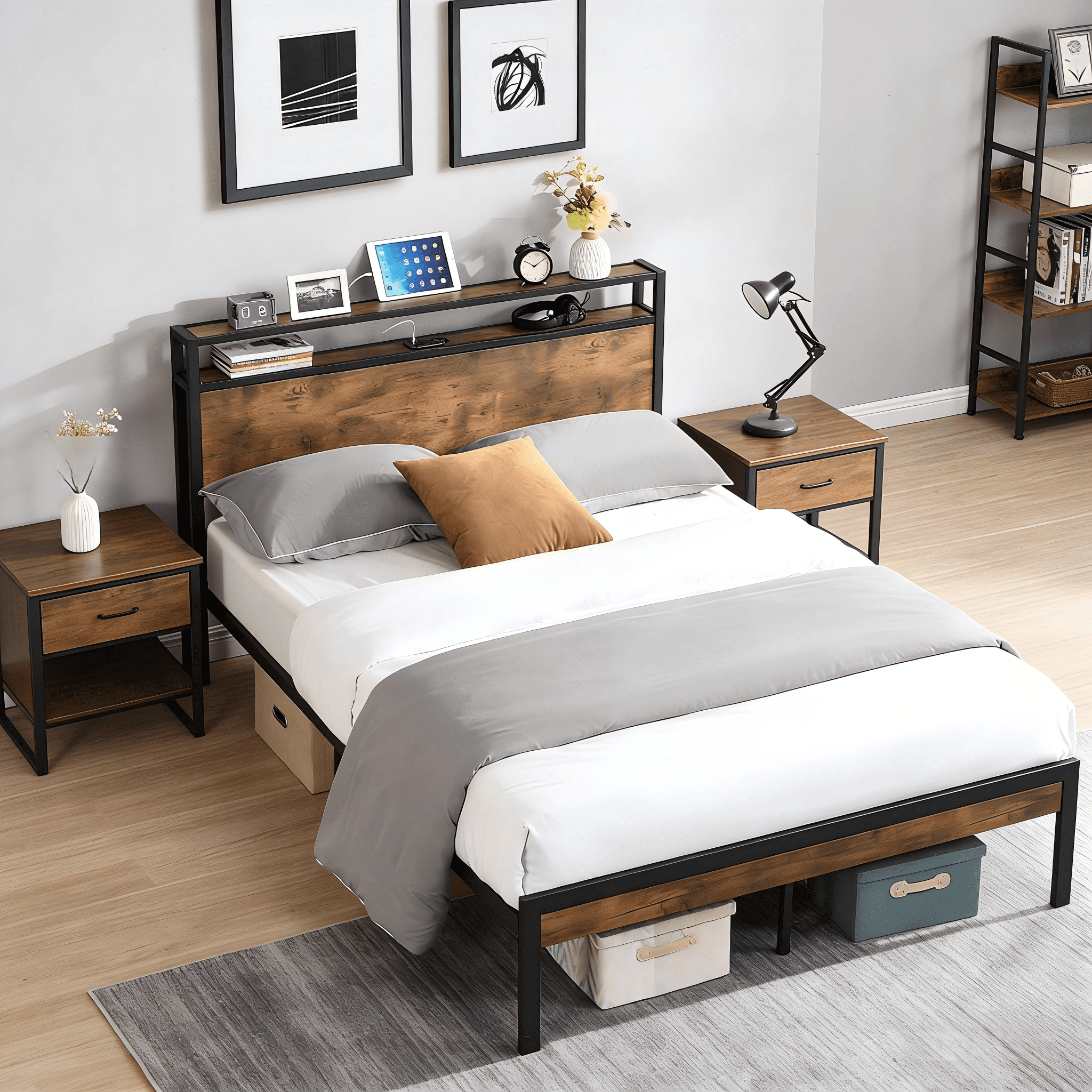 Gewnee Full-Size Metal Bed Frame with Wooden Headboard/Footboard and USB Liner, Sturdy Steel, No Box Spring Needed