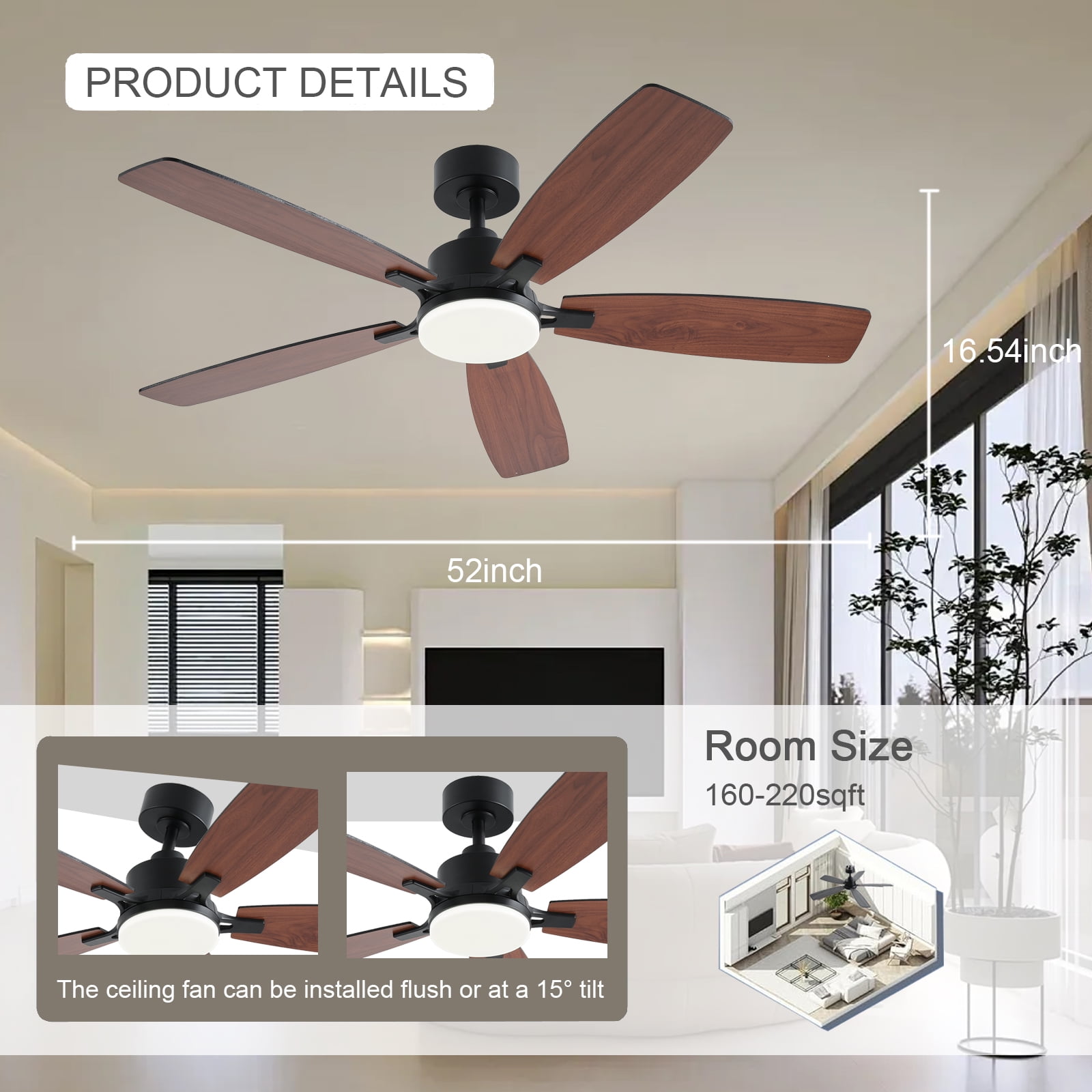 Low Profile Ceiling Fan with Lights, 52 inch Modern Brown Ceiling Fans with Lights APP/Remote Control,6 Speeds Ceiling Fan Light for Indoor/Outdoor Patio Bedroom Living Room