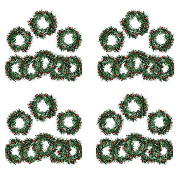 32 PCS Holly Berry Candle Ring Small Artificial Red Berries Pine Needles Wreath for Christmas Garland Ornaments Decor