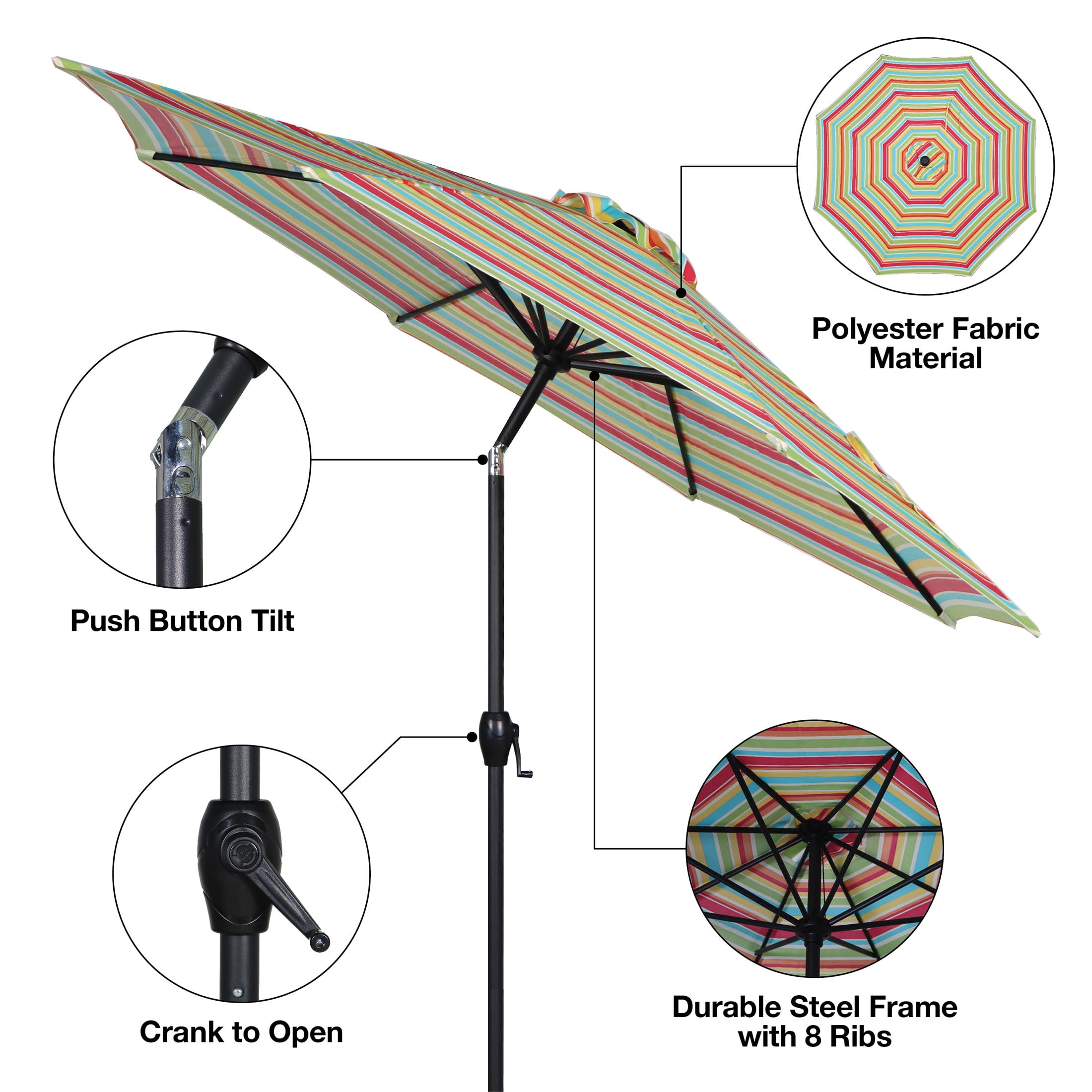 Mainstays 9' Multi Stripe Round Outdoor Tilting Market Patio Umbrella with Crank