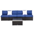 thumbnail image 1 of Kinbor 5 Pcs Outdoor Patio Furniture Set, Rattan Wicker Sofa Set with Coffee Table and Dark Blue Cushions, 1 of 9