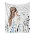 thumbnail image 1 of Retro Soft Flannel Fleece Blanket, Fashion Woman with Dandelion Flower Spring Wind Garden Sketchy Illustration, Cozy Plush for Indoor and Outdoor Use, 50" x 70", Warm Taupe and Blue, by Ambesonne, 1 of 6