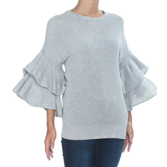 DKNY Womens Grey Metallic Glitter Bell Sleeve Crew Neck Sweater S