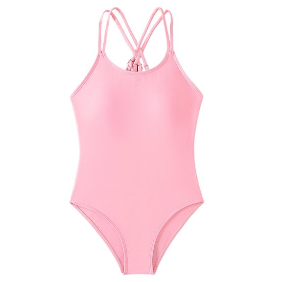 Rggeeun Girls Toddler One-Piece Solid Color Thin Straps Square Neck Racerback Elastic Bikini for Summer Beach Wear Trendy Bathing Suit,Pink,8-9 Years