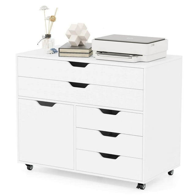 Costway 5-Drawer File Cabinet Mobile Chest of Drawers with Side Cabinet 5 Casters
