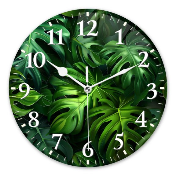 Decorative Round Wall Clocks Non-Ticking Silent Battery Operated Clocks with Photo for Bedroom,Living Room-Lush Green Monstera Leaves In The Jungle(10inch)