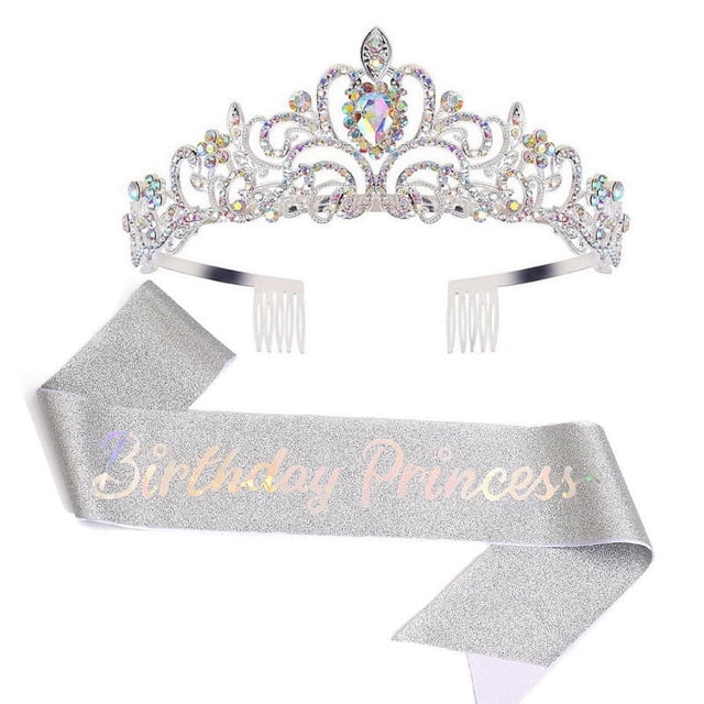 Kit de tiara y banda de cristal, coronas de cumpleaños para mujer, conjunto de decoraciones de cumpleaños, diadema con diamantes de imitación