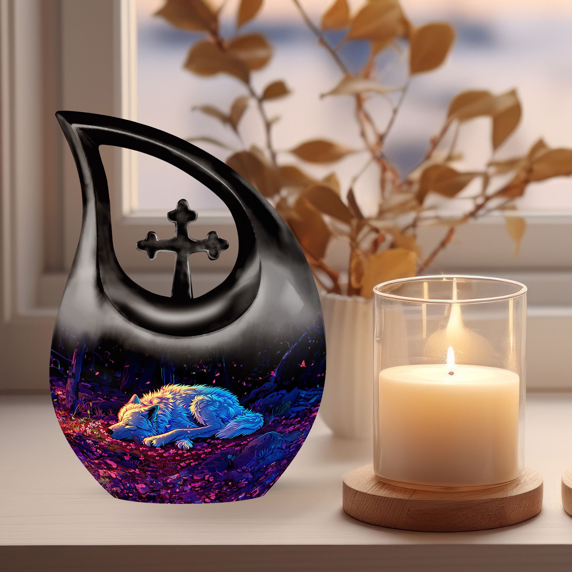 MUKTIVE Resting Wolf Large Urn for Funeral Ashes for Men & Women - Cross Drop Black Burial & Cremation Urns for Human Ashes - Remembrance Gift for Loss for Dad - Cremains Holder, 10 Inches