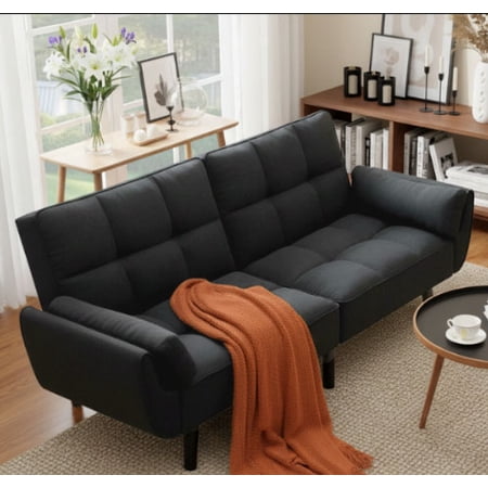 BSHTI 75.2 inch Modern Futon Sofa Bed,Multi-functional Design Sofa Sleeper and The bbackrest has 3 Adjustable Positions for Home,Office,and Guest Room,Black