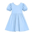 thumbnail image 4 of MKOSPLRT Girls Puff Short Sleeve Summer Dress Kids Casual Crew Neck Cross Back A-Line Dresses Solid Knee Length Dress Blue 14-15 Years, 4 of 8