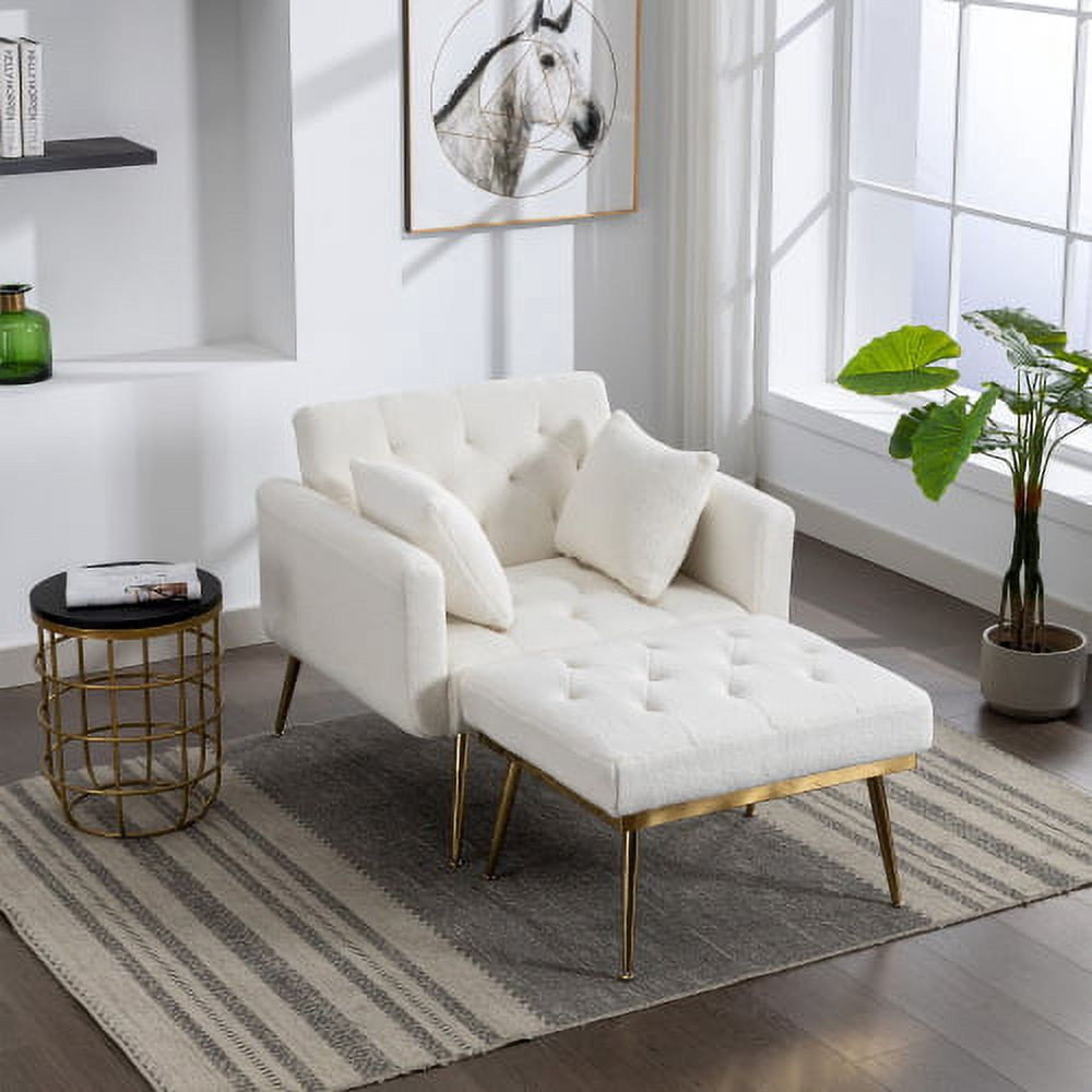 BSHTI 36.61'' Wide Modern Accent Chair With 3 Positions Adjustable Backrest, Tufted Chaise Lounge Chair, Single Recliner Armchair With Ottoman And Gold Legs For Living Room, Bedroom (White)
