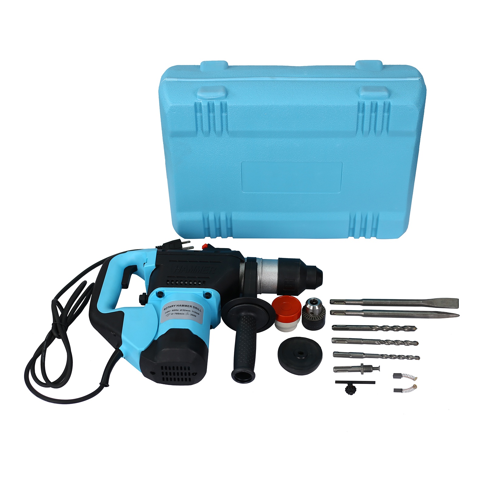 1100W SDS Plus Rotary Hammer Drill with 3 Functions (Drill, Hammer, Hammer Drill), 1-1/2" Capacity, Includes Chisels, Drill Bits & Case (Red/Black)