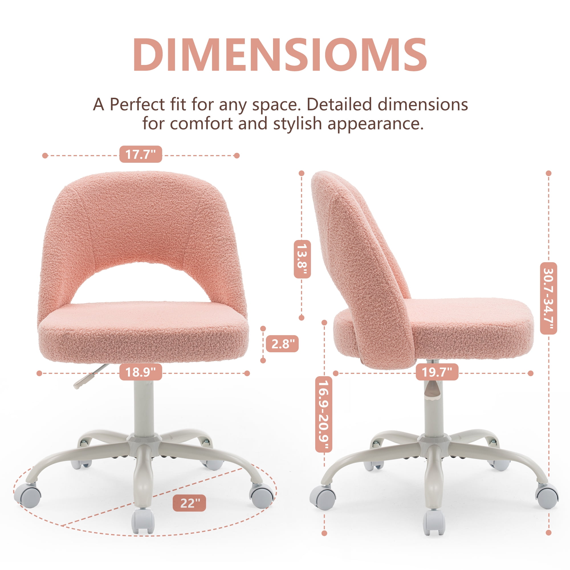ENYLAY Pink Fluffy Teddy Fleece Vanity Chair, Height Adjustable 360° Swivel Rolling Desk Chair, Ergonomic Upholstered Makeup Chair, Modern Cute Accent Chair for Bedroom Home Office Vanity Room
