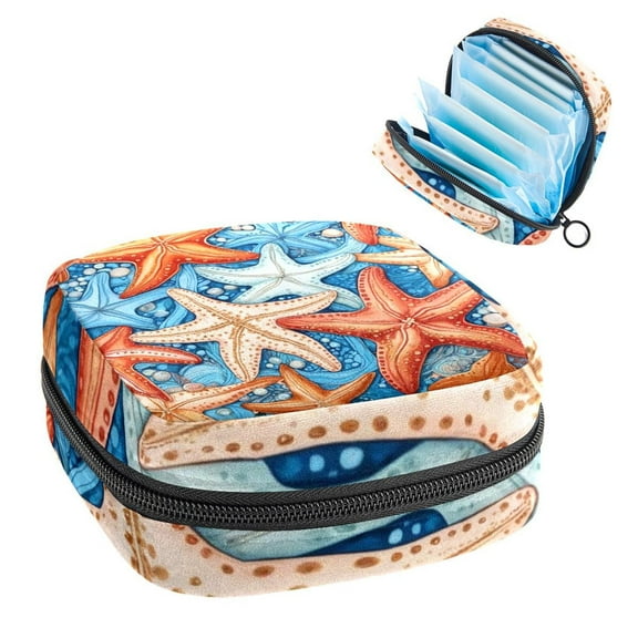Ocean Starfish Sanitary Napkin Storage Bag, Zipper Menstrual Cup Pouch Feminine Menstruation First Period Pads Holder for Girls Women Ladies