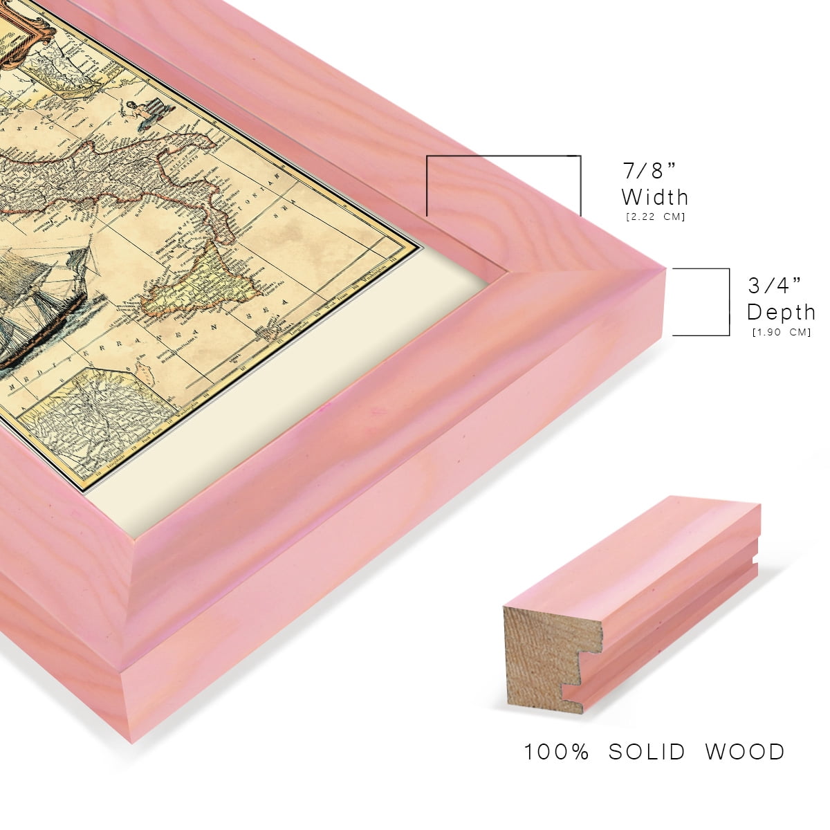 Italy Map -Framed Print w/glass-Sunset Pink