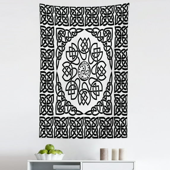 Celtic Tapestry, Filigree Style Endless Celtic Knot Pattern with Abstract Style Floral Petals, Fabric Wall Hanging Decor for Bedroom Living Room Dorm, 5 Sizes, Black and White, by Ambesonne