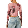 thumbnail image 3 of Yunliwuli Women's Long Sleeve Crop Tops Tight Fitted Round Neck Flower Print See Through Mesh Short Shirts for Spring Fall, 3 of 5