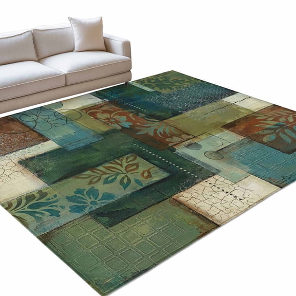 Bohemian Area Rug, Vintage Floral Texture Geometric Plaid Patchwork Art Non-Slip Felt Rubber Backing Rectangle Indoor Carpet Washable Rugs for Living Room Bedroom 9x12