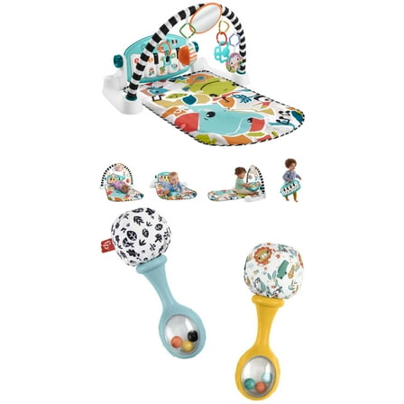 Fisher-Price Glow and Grow Kick & Play Piano Gym Baby Playmat and Rattle ‘n Rock Maracas Toy Bundle for Newborns, Blue