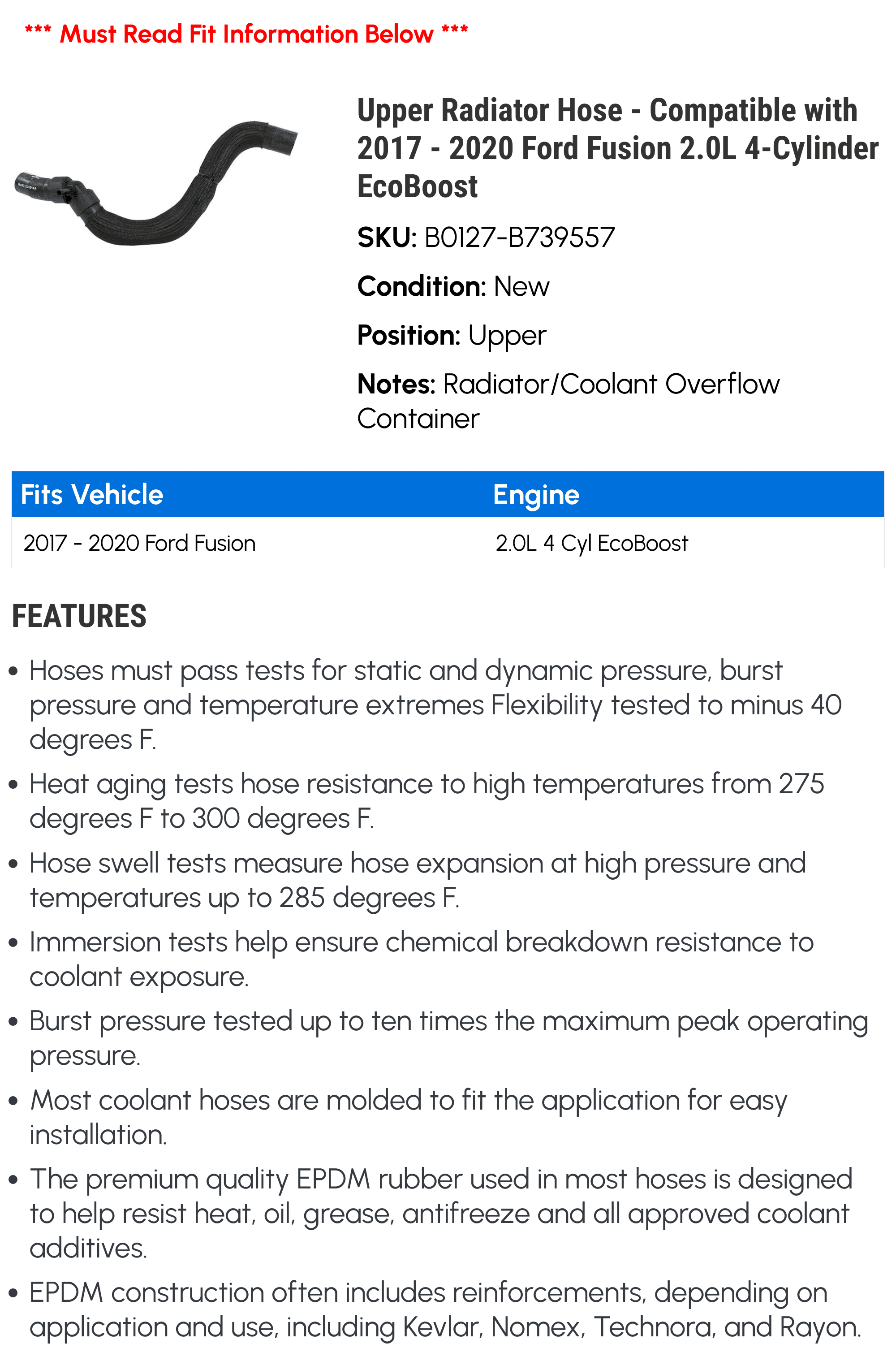 Upper Radiator Hose - Compatible with 2017 - 2020 Ford Fusion 2.0L 4-Cylinder E.c.o.b.o.o.s.t 2018 2019