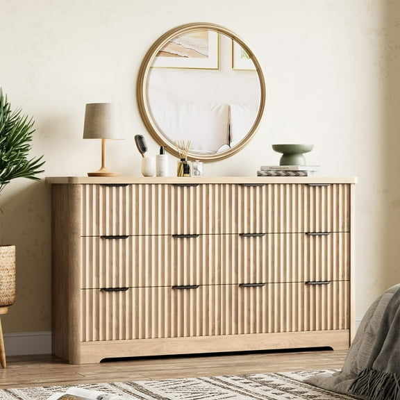 Studyset Fluted Dresser with 6 Drawer,Modern Dressers for Bedroom with Wood Top,Sturdy Wooden Dresser & TV Stand,Clothes Storage,Wood Drawer Organizer for Bedroom,Living Room,Hallway