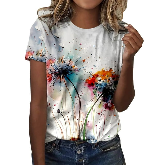WEAIXIMIUNG T-Shirts de Voyage pour Femmes T-Shirt d'Été Décontracté Mode Col Rond Manches Courtes Imprimé Floral