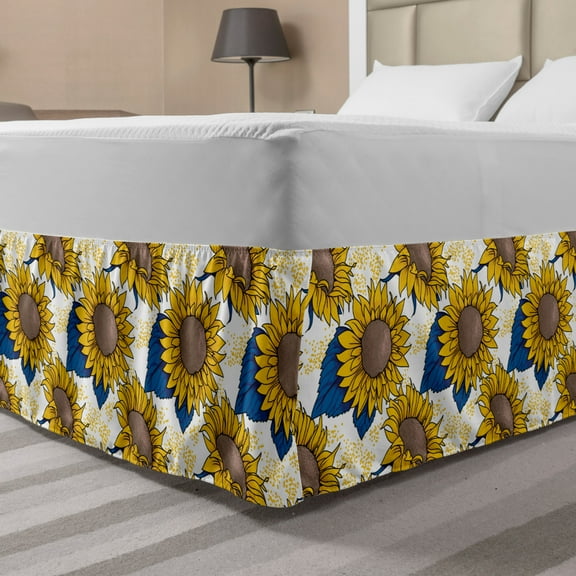 Sunflower Bed Skirt, Graphic Harvest Themed Illustration Cartoon Design, Elastic Bedskirt Dust Ruffle Wrap Around for Bedding Decor, 4 Sizes, Earth Yellow Blue, by Ambesonne