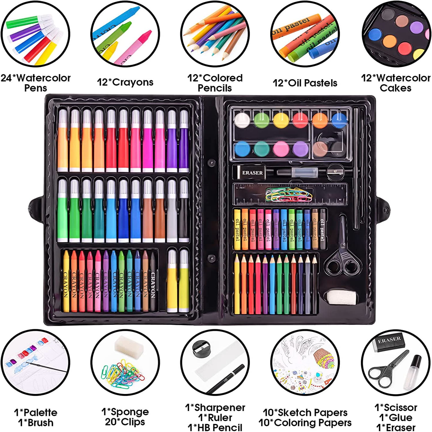Art Supplies 150 Piece Drawing Art Kit for Kids Adults Art Set, Coloring  Creative Portable Art Kit with Colored Pencils, Oil Pastels, Watercolor  Cakes