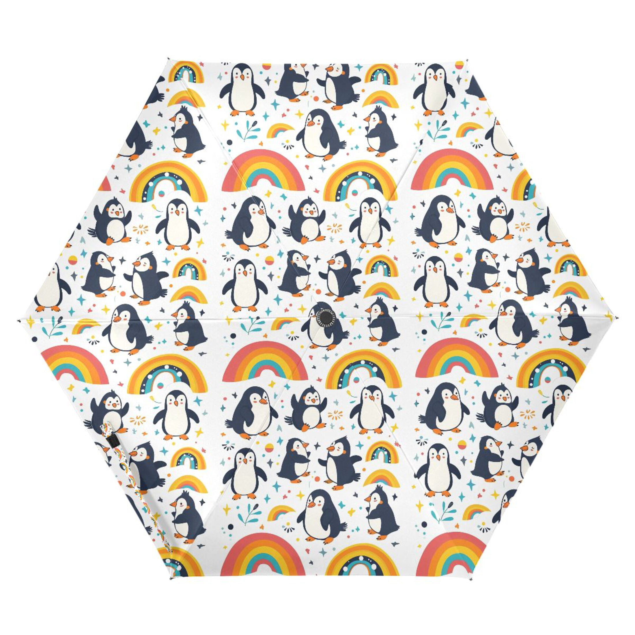 Cartoon Penguins and Rainbow Compact Sun Umbrella Windproof Travel Umbrellas for Rain Strong Portable UV Protection