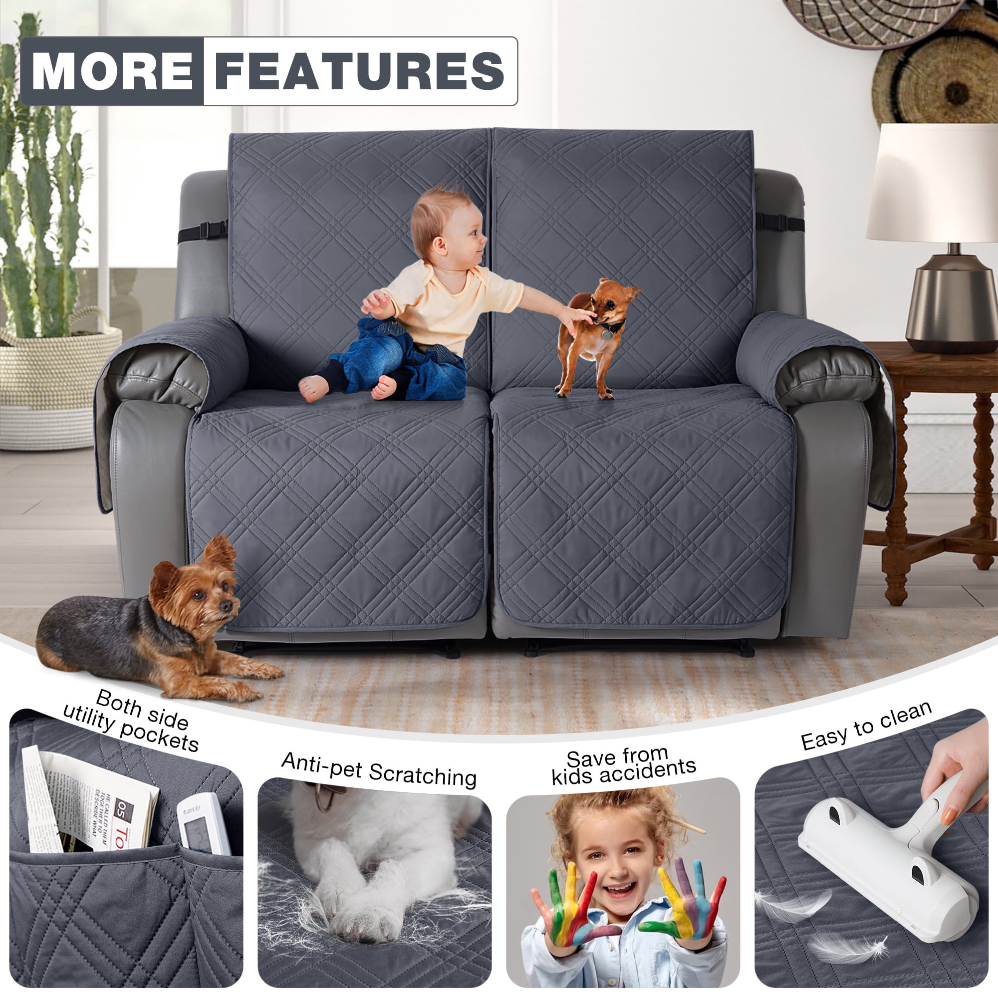 TAOCOCO Waterproof Recliner Couch Covers, Anti-Slip Sofa Slipcovers for Reclining 2 Seater Couch, Split Sofa Cover for Each Seat with Pockets Pets Furniture Protector,Dark Gray