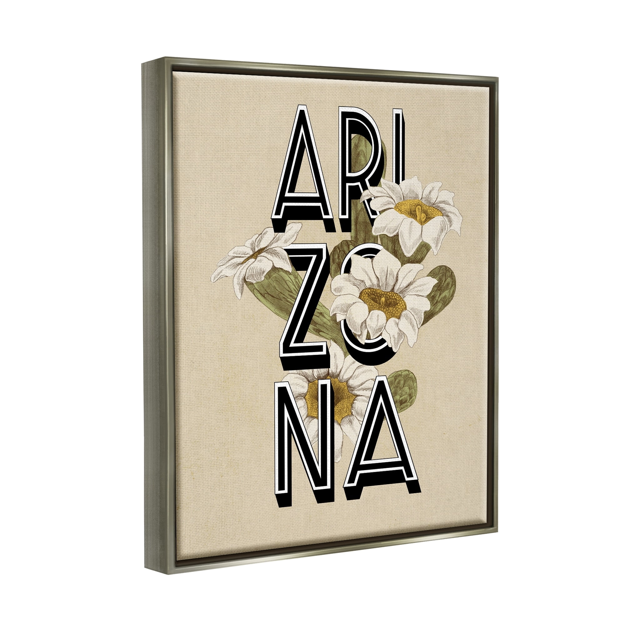Stupell Industries Arizona State Flower Saguaro Blossom Typography Design Graphic Art Luster Gray Floating Framed Canvas Print Wall Art, Design by Daphne Polselli