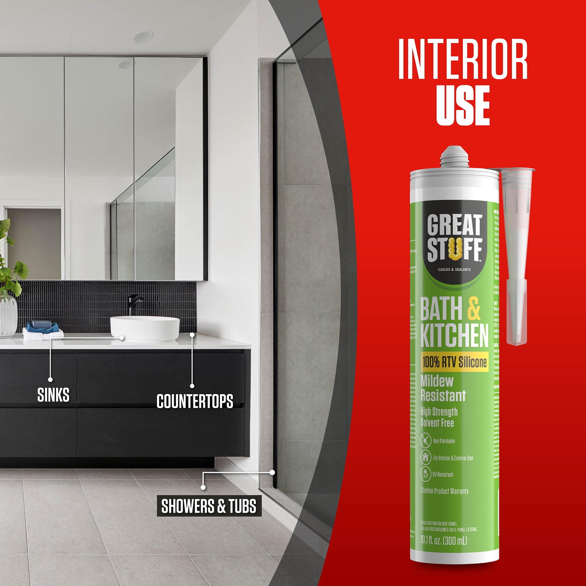 Great Stuff 100% Silicone Caulk - White RTV Silicone Sealant for Bathroom and Kitchen, Shower, Tub, Bathtub, Countertop, Backsplash, Sink Caulking 10.1 oz