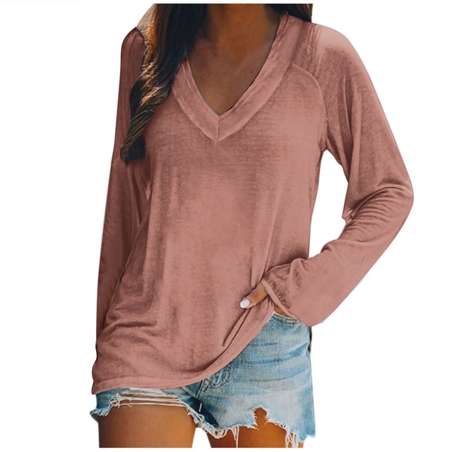 AherBiu Womens T Shirts V Neck Loose Fitted Long Sleeve Basic Tee Oversized Comfy Fall Tops Solid Color