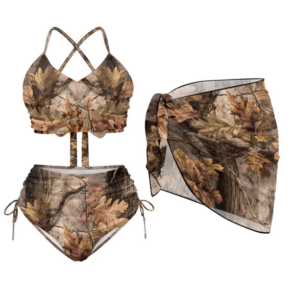 FUIALDOLG Camouflage Hunting Women's 3 Piece High Waisted Bikini Set with Chiffon Cover Up - Leaves Lightweight Halter Drawstring Swimsuit Tummy Control Bathing Suit for Beach Vacation