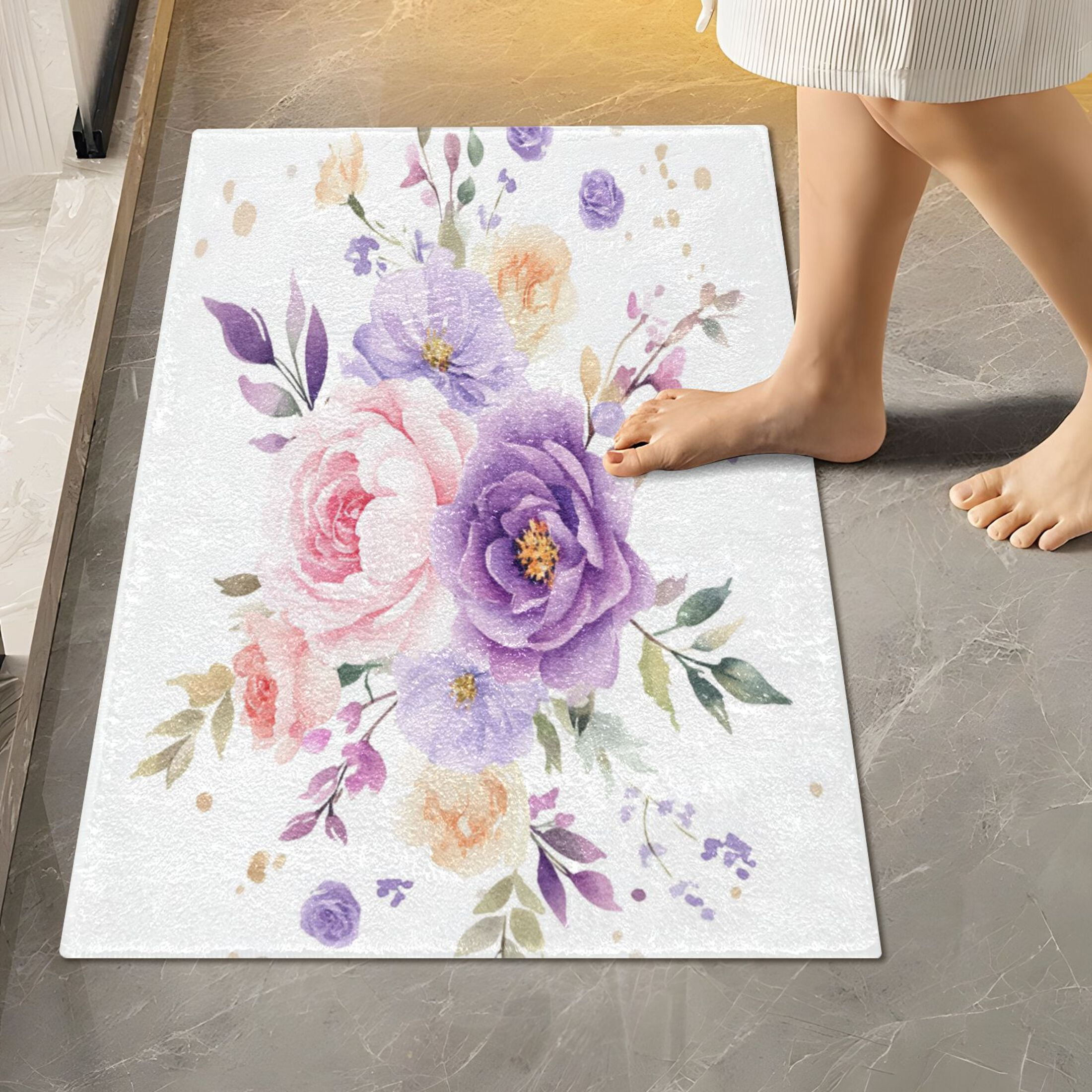 2 Piece Soft Bathroom Rug Set Purple and Pink Roses Bath Mat and U-Shaped Toilet Contour Rug (16"x24"+20"x24")