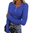 thumbnail image 2 of JGGSPWM Button V Neck Long Sleeve Shirts for Women Solid Color Going Out Tops Fitted Casual Basic Tee Fashion Spring Fall Clothes Blue XL, 2 of 9