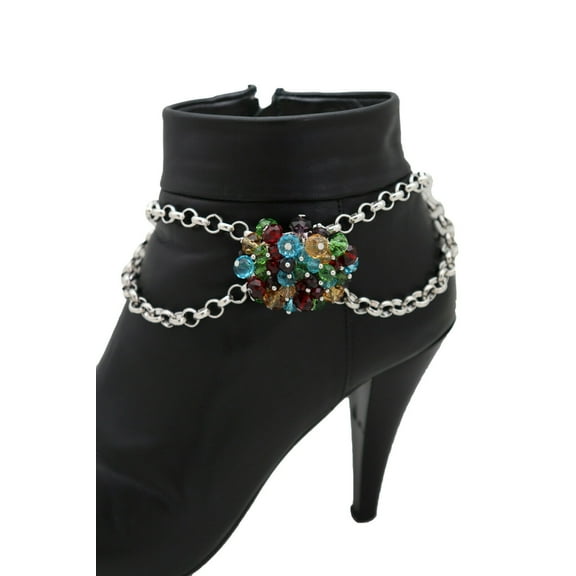 Women Dazzling Fun Silver Metal Boot Chain Bracelet Shoe Multicolor Beads Charm