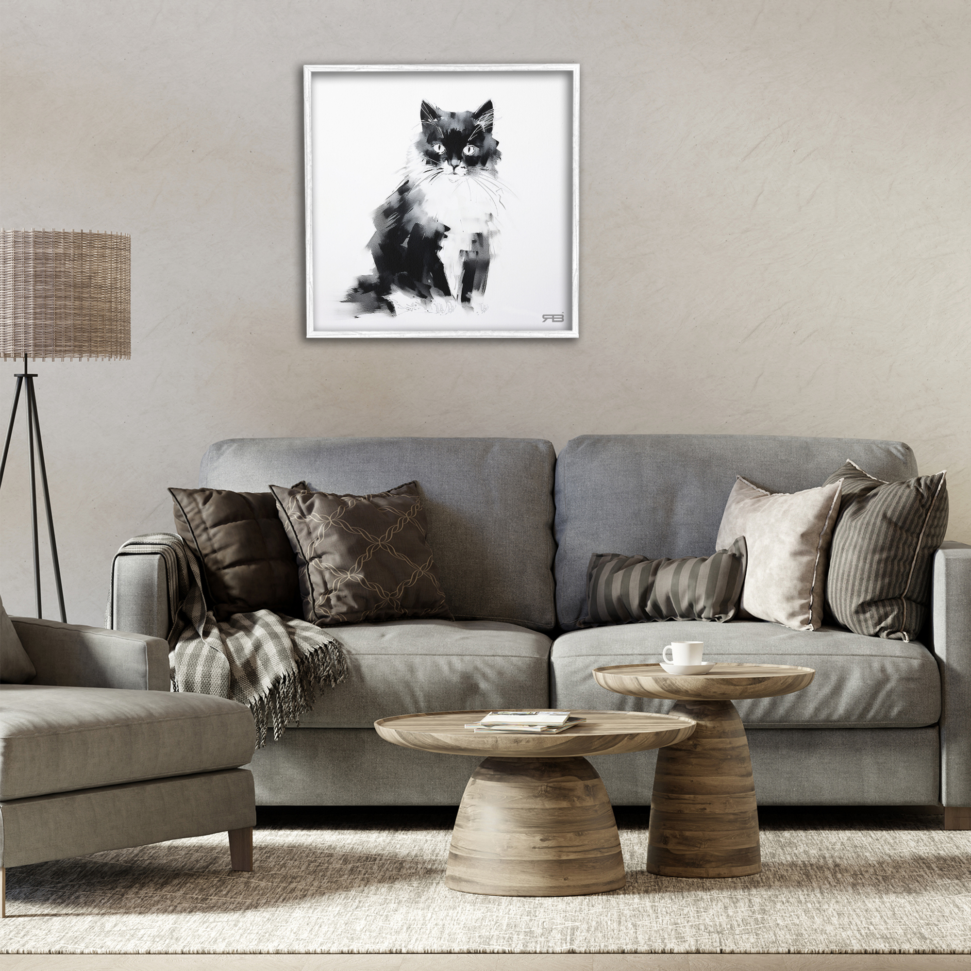 Stupell Industries Abstract Black & White Cat Animals & Insects Painting White Framed Art Print Wall Art, 24 x 24