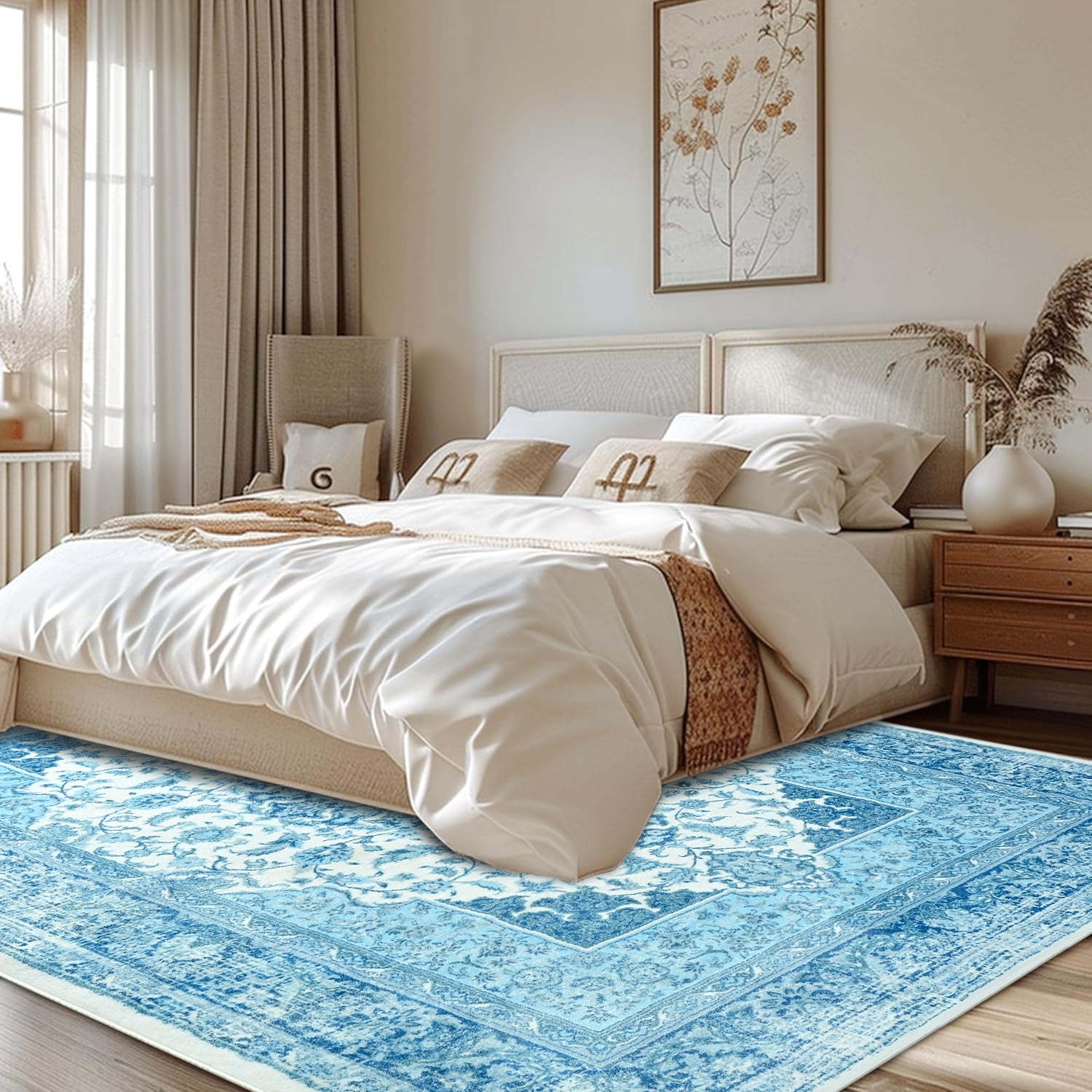 Wondo 4x6 Area Rugs for Living Room, Washable Area Rug, Rugs for Bedroom, Kitchen Rugs, Vintage Boho Carpet, Soft Non-Slip, Low Pile Area Rug for Office Dining Room, Blue