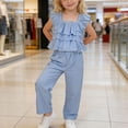 thumbnail image 5 of Amidoa Girls 2 Piece Outfits Summer Clothes Ruffle Sleeve Solid Color Tank Top Cute Sleeveless T-Shirt and Shorts Casual Kids Clothing Sets,Blue Size 6, 5 of 7